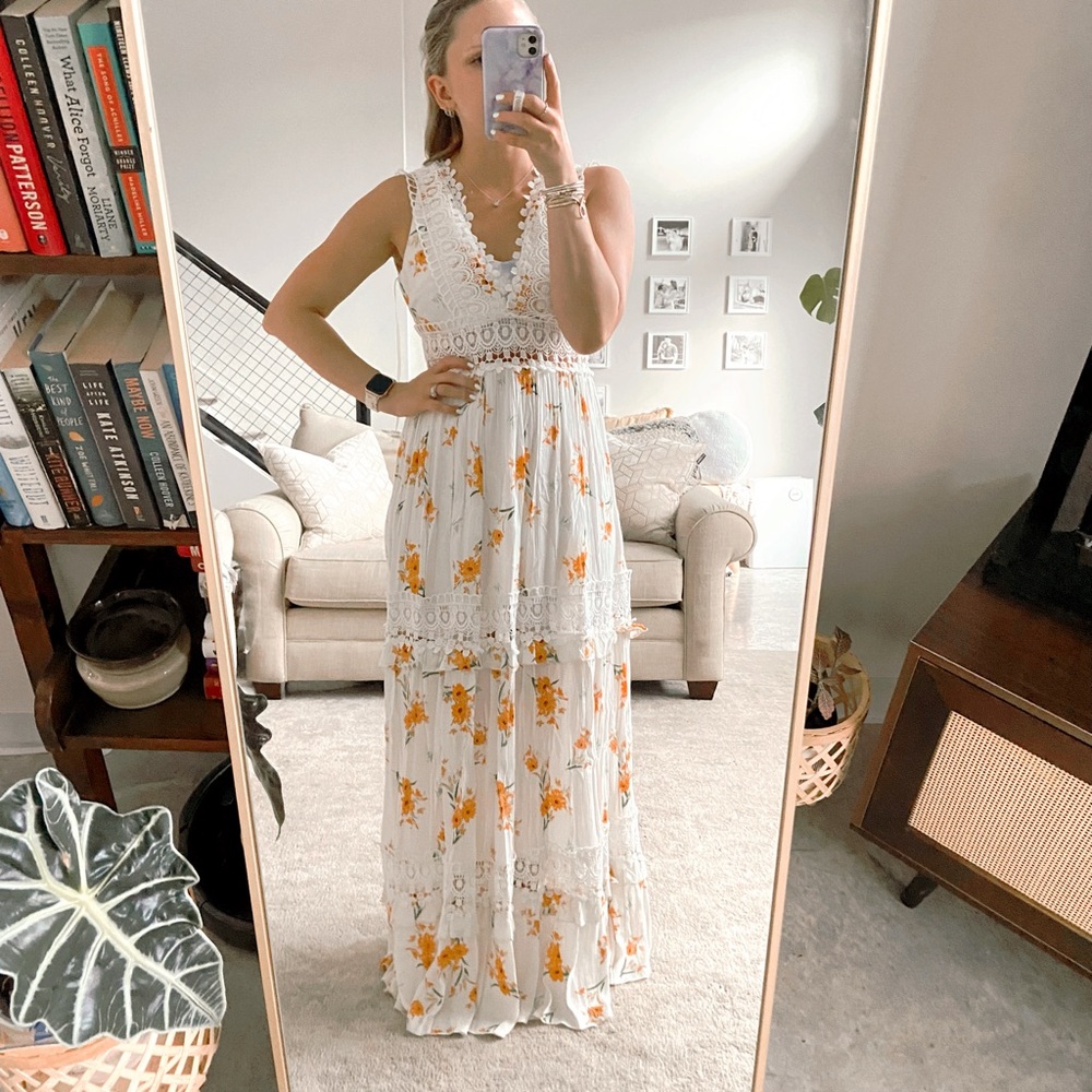 NWOT Rue 21 Cream & Orange Floral Lace Maxi Dress